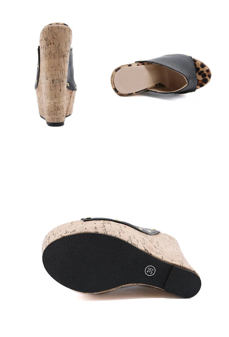 Rivet Peep Toe Platform Wedge Slippers Black Summer Shoes Woman Sexy Super High Heels Mules Sandal Size 35-42