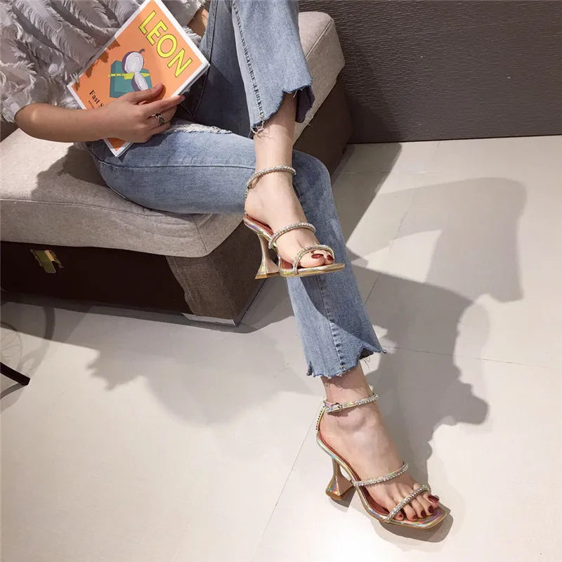 Design Square Toe Woman Sandals Fashion Crystal Diamond PU Leather Ankle Buckle Strap Strange High Heels Summer Shoe