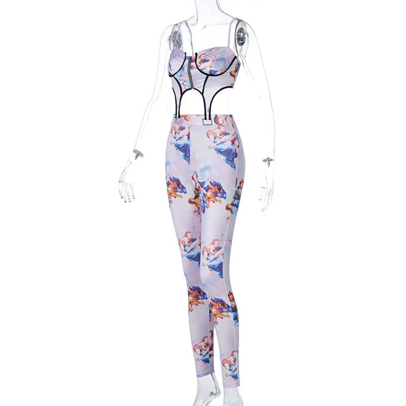 Sleeveless Patchwork Zipper Print Camis Leggings 2 Piece Matching Sets Spring Summer Women Sexy Tracksuit Outfits