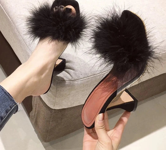 Feather High Heels Fur Slippers Sandals Women Square toe Mules Lady Pumps Slides Size 35-41