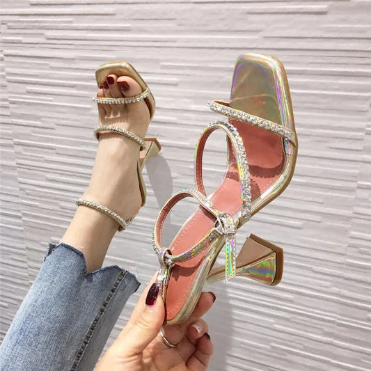 Design Square Toe Woman Sandals Fashion Crystal Diamond PU Leather Ankle Buckle Strap Strange High Heels Summer Shoe