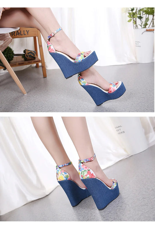 Fashion Designer Print Denim Sandals Woman Roman Wedges High Heels Peep Toe Platform Shoes Zapatos De Mujer