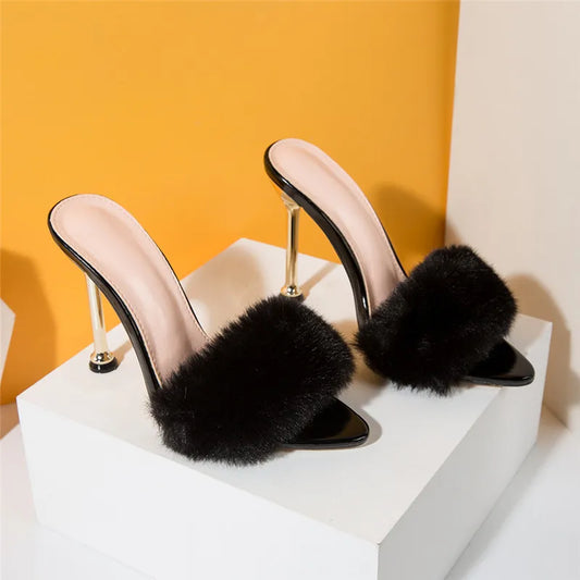Fashion Faux Fur Women Mule High Heels Slippers Sandals Flip Flops Pointed toe Slides Party Shoes