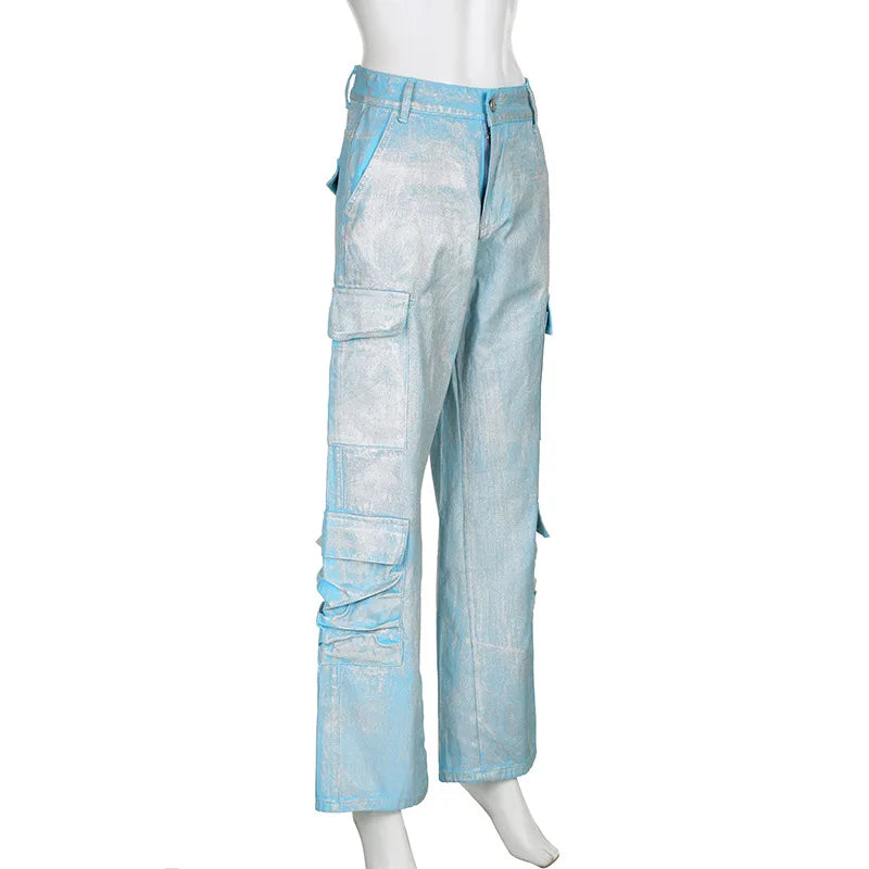 Metallic Jean 2 Piece Sets Women Outfit Streetwear Y2k Clothing Denim Cargo Pant and Tube Top Matching Set D56-ABE68