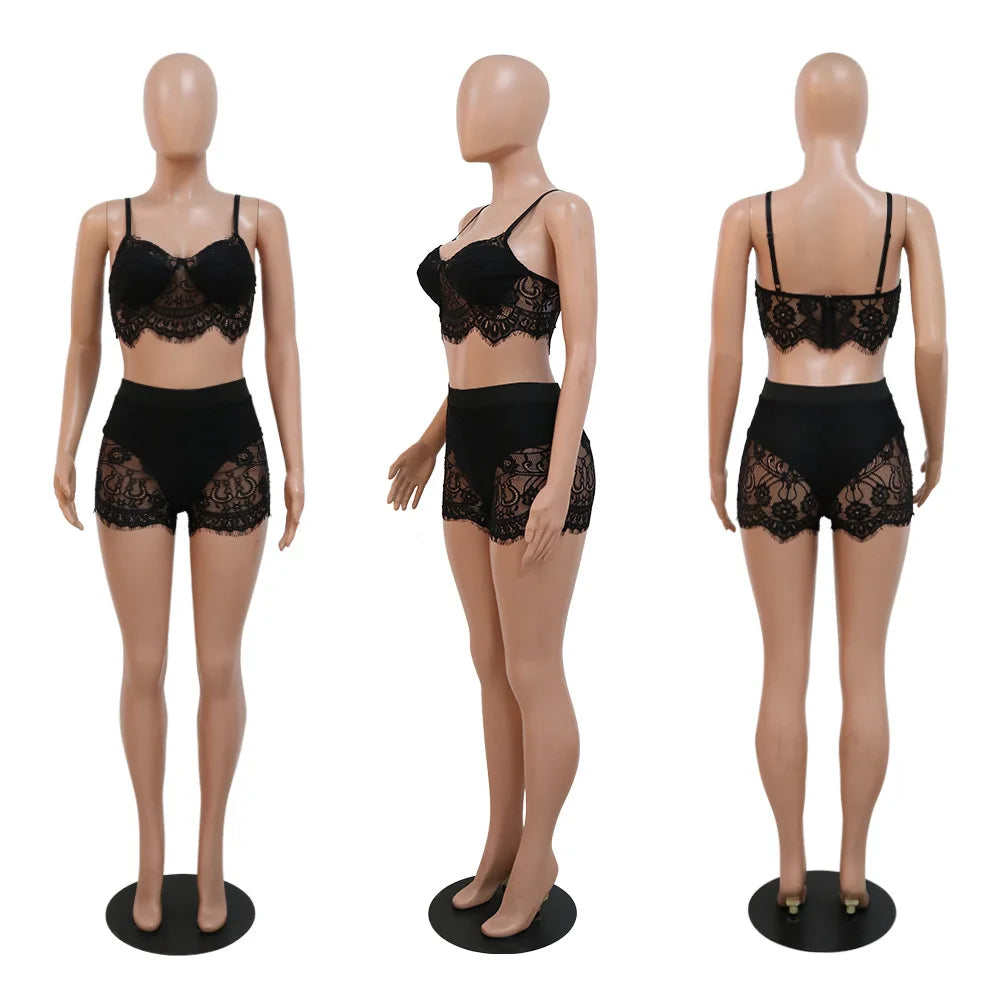 Sexy Club Outfits Women See Through Lace Lingerie 2 Two Piece Set Bralette Crop Top and Shorts Matching Sets