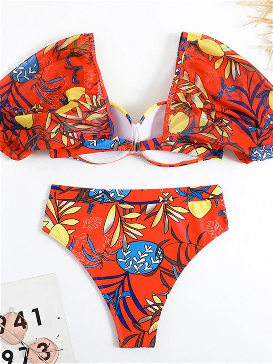 Sexy Red Floral Print Bikinis Set Women Short Sleeve Unnderwire Push Up Two Piece Swimsuit 2024 Bathing Suit High Waist Swimwear