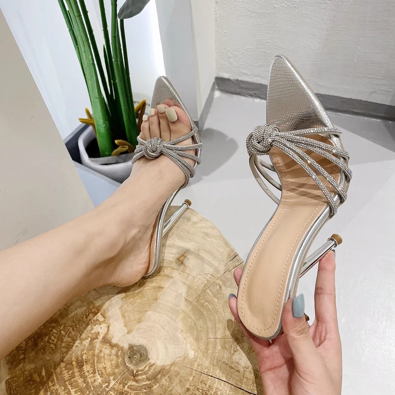 Sexy High Heels Slipper For Women Summer Fashion CRYSTAL Narrow Band Pointed Toe Slides Stripper Party Sandal Mule Shoes