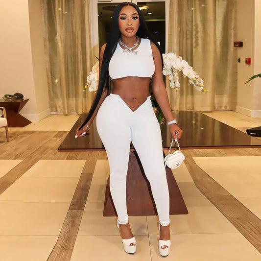 Fitness 2 Piece Set Ribbed Tank Top and V Cut High Waist Pant Suit Sets Womens Sexy White Summer Outfits 2024 D85-CZ26