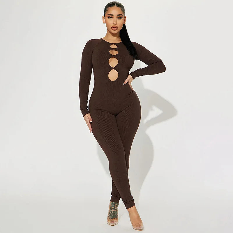 Sexy Black Jump Suit Women One Piece Spring Outfits 2024 Mfashion Hollow Out Ribbed Bodycon Jumpsuits D85-DZ38