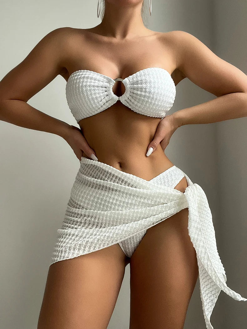 New 3 Pieces Bikini Set Women Solid White Ring Linked Bandeau Push Up Swimsuit 2024 Beach Bathing Suit Skirt Swimwear Biquini