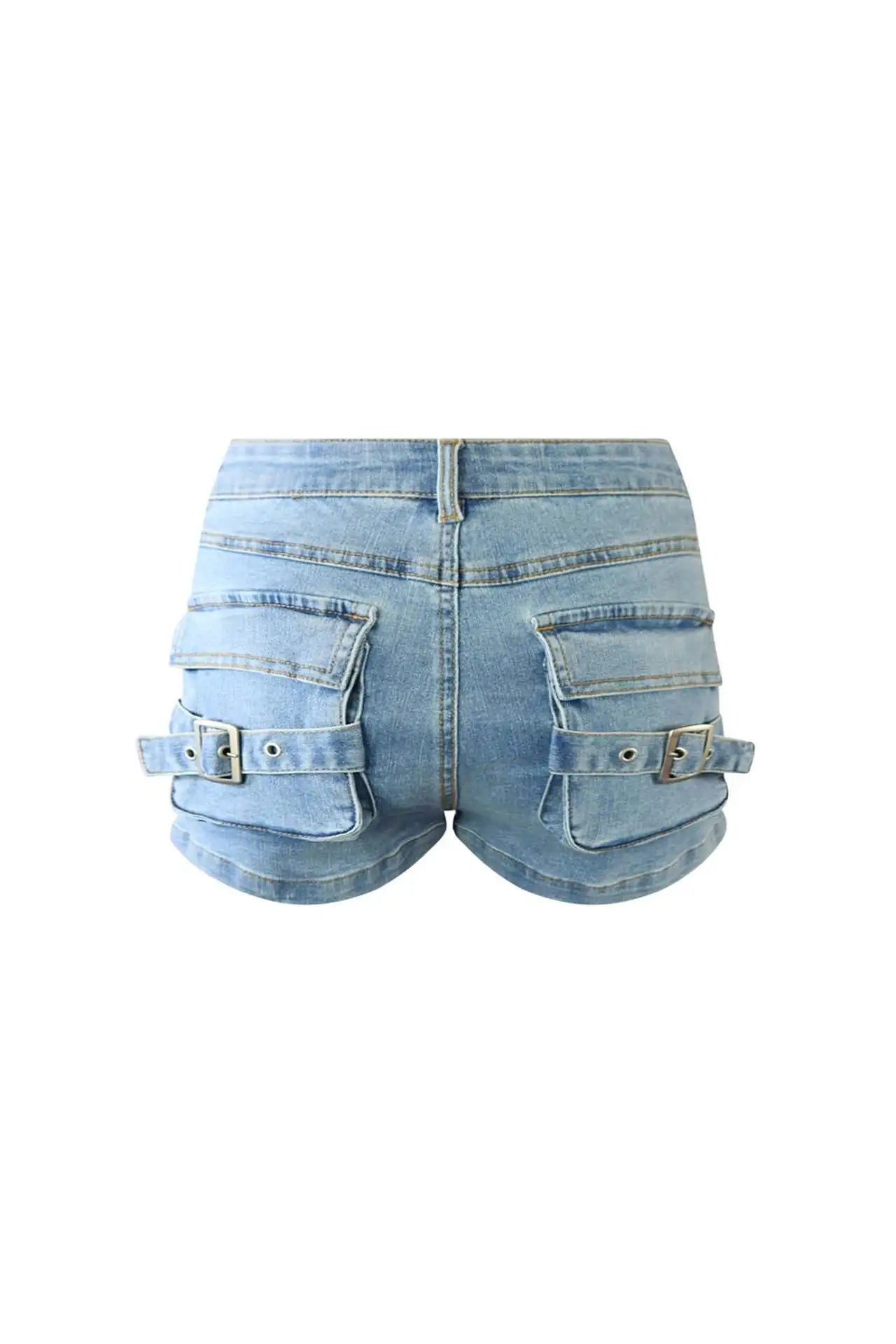 Multi-pocket Jeans Shorts Fashion Sexy Light Blue Denim Tight Booty Shorts 2024 Summer Clothes Women Pants D29-FE44