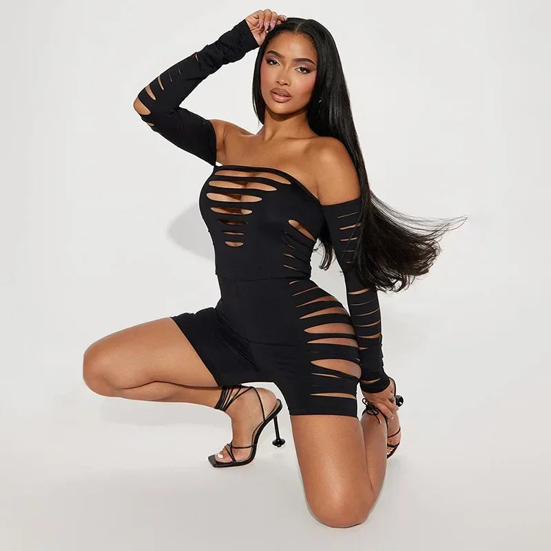 Black Cutout One Piece Jumpsuit Sexy Off Shoulder Long Sleeve Bodycon Romper Baddie Outfits for Woman Clothes