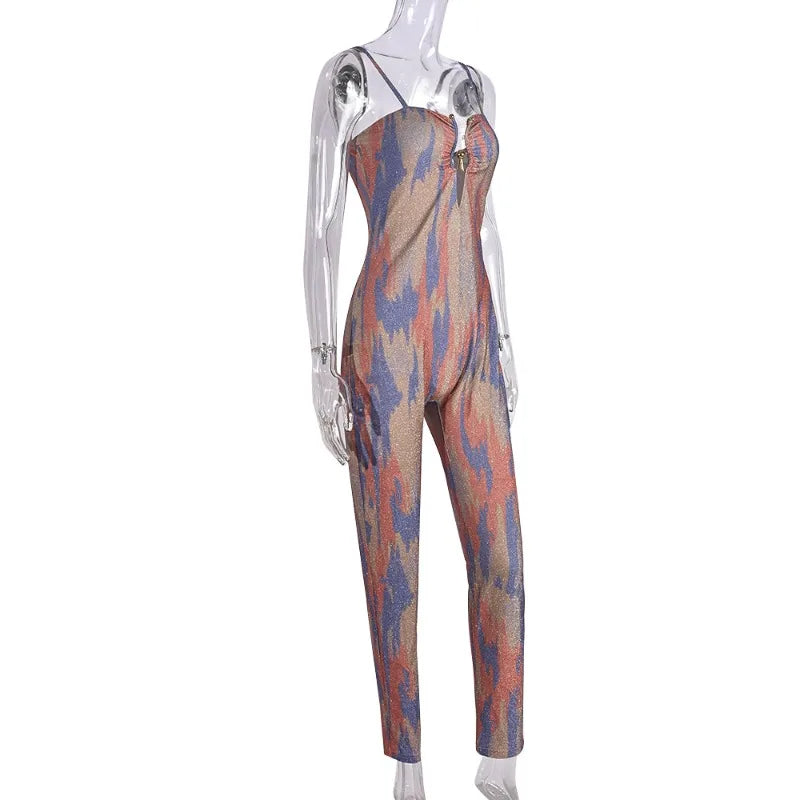 Multi Color Print Spaghetti Strap Low Cut Jumpsuit One Piece Sparkly Birthday Outfit for Women Sexy Club Wear D82-DC31