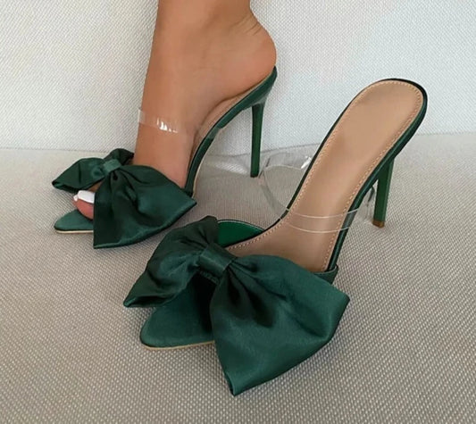 Fashion Design Butterfly-Knot Women Slippers PVC Transparent Pointed Toe Stiletto High Heels Shoes Green Sandals