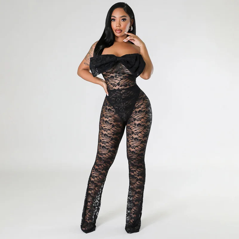 See Through Lace Mesh Black Jumpsuit Sexy Club Wear Women Birthday Outifts 2 Piece Bow Bodysuit Pants Sets D85-EG21