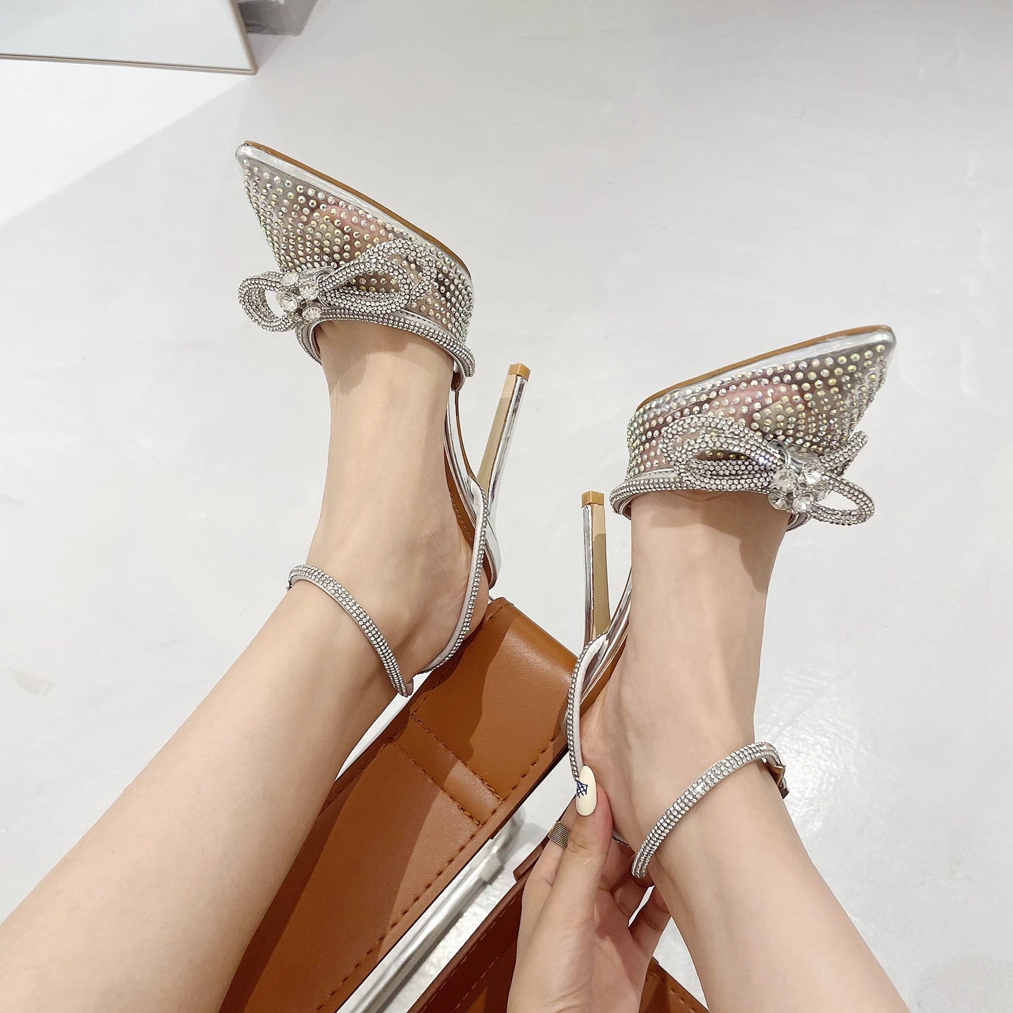 PVC Transparent Silver CRYSTAL Women Pumps Fashion Ankle Strap Bridal Thin High Heels Spring Autumn Wedding Party Shoes
