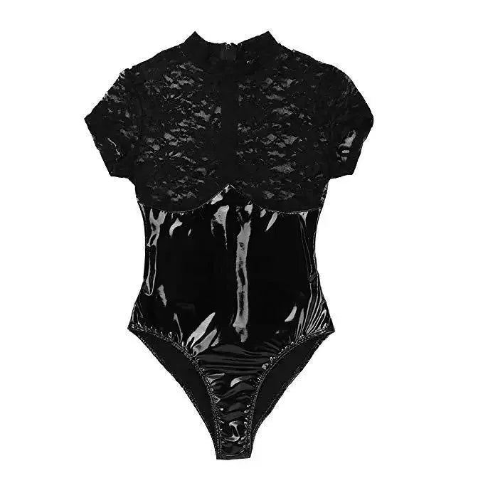 Sexy Underwear Women Lace Hollow Lingerie Porn Clothing Latex Sexy Bodysuit Women Sexy Lingerie Mesh Pu Leather Erotic Costumes