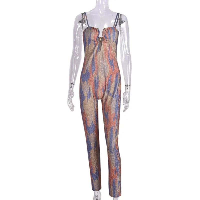 Multi Color Print Spaghetti Strap Low Cut Jumpsuit One Piece Sparkly Birthday Outfit for Women Sexy Club Wear D82-DC31