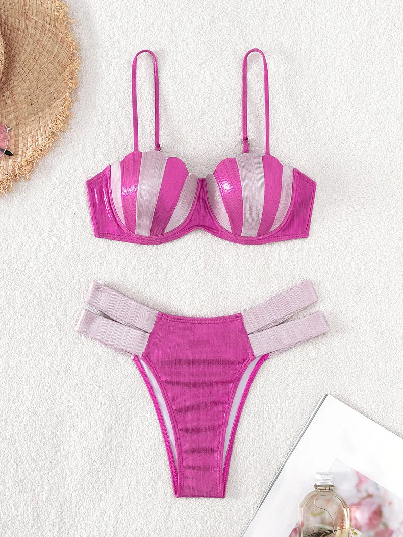 Sexy Shell Push Up Underwire Bikini Set 2024 Women Halter Hot Pink Patchwork Cut Out High Waist Swimsuit Bathing Suit Swimwear