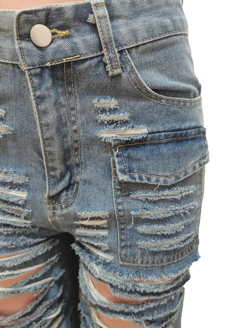 Y2k Ripped Jeans Light Blue Denim Cargo Pants Womens Fashion Clothing Trends  Streetwear Vintage