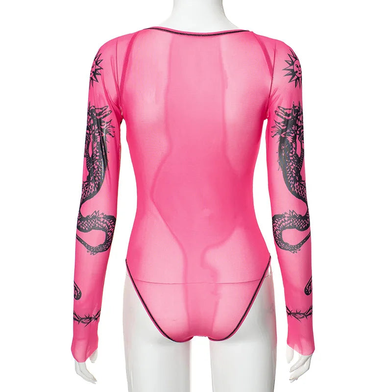 Pink Sheer Mesh Bodysuit Cut Out Long Sleeve Tops for Women Graphic T Shirts Seethrough One Piece Body Suit D85-BI10