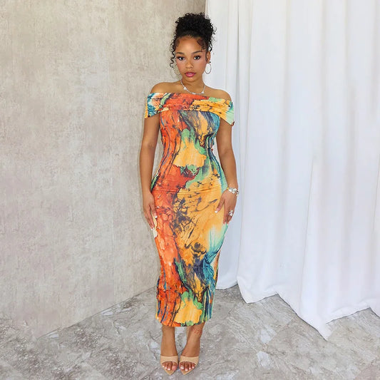 Colorful Print Off Shoulder Long Dresses Sexy Birthday Outfit Party Nightclub Dress Summer Clothes Women 2024 D85-CD27