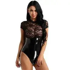 Sexy Underwear Women Lace Hollow Lingerie Porn Clothing Latex Sexy Bodysuit Women Sexy Lingerie Mesh Pu Leather Erotic Costumes
