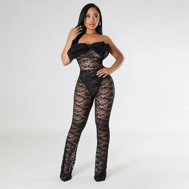 See Through Lace Mesh Black Jumpsuit Sexy Club Wear Women Birthday Outifts 2 Piece Bow Bodysuit Pants Sets D85-EG21