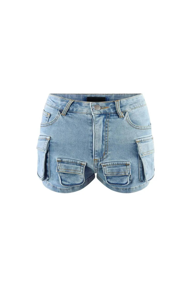 Multi-pocket Jeans Shorts Fashion Sexy Light Blue Denim Tight Booty Shorts 2024 Summer Clothes Women Pants D29-FE44