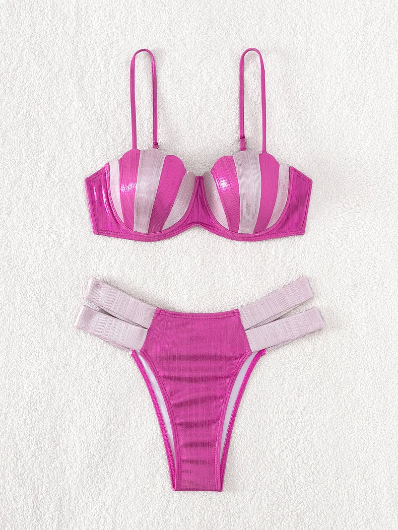 Sexy Shell Push Up Underwire Bikini Set 2024 Women Halter Hot Pink Patchwork Cut Out High Waist Swimsuit Bathing Suit Swimwear