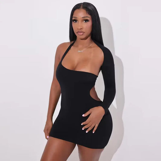 Asymmetrical Single Sleeve Cut Out Mini Dress Black Sexy Outfit Women Club Wear Backless Bodycon Dresses D87-BZ17
