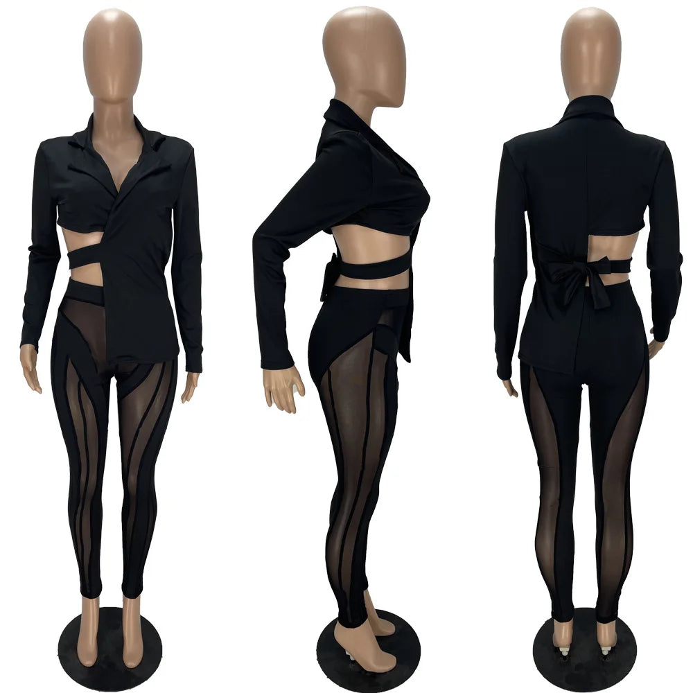 Elegant Blazer 2 Piece Set Women Sexy Bandage Irregular Jackets Top + Sheer Mesh Patchwork Pants Skinny Tracksuit Fall Outfits