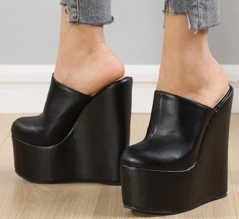 Platform Wedge Round Head Pumps Slippers Summer Woman Sexy Super High Sandal Shoes Black 35-42