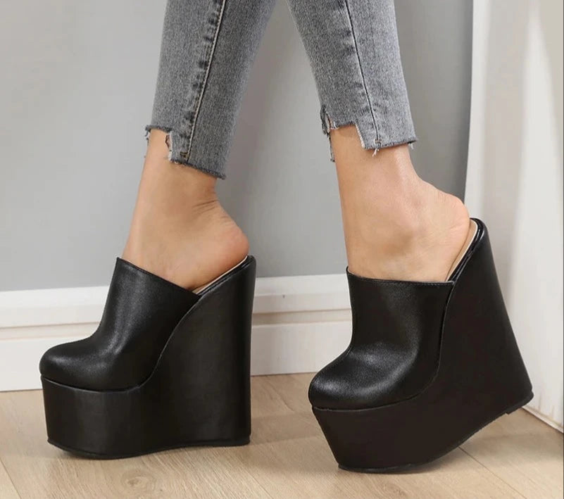 Platform Wedge Round Head Pumps Slippers Summer Woman Sexy Super High Sandal Shoes Black 35-42