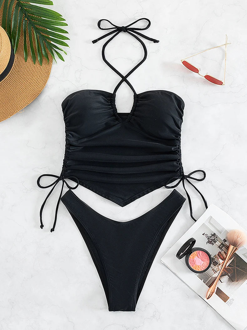 Sexy Thong Bikini Solid Black Halter Pleate Push Up Crop Top Swimsuit 2024 Women Beach Drawstring Bathing Suit Swimwear Biquini