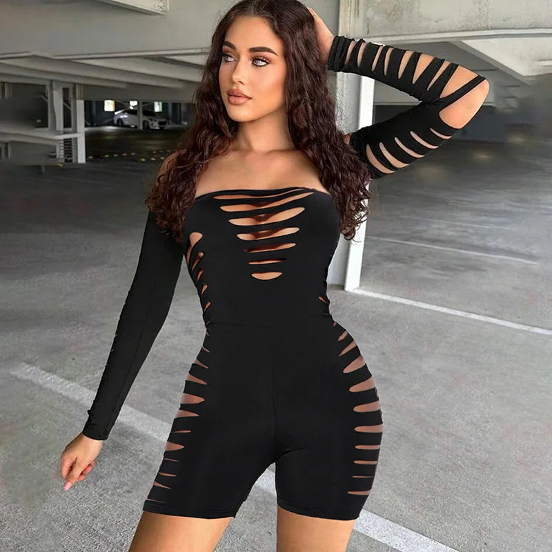 Black Cutout One Piece Jumpsuit Sexy Off Shoulder Long Sleeve Bodycon Romper Baddie Outfits for Woman Clothes