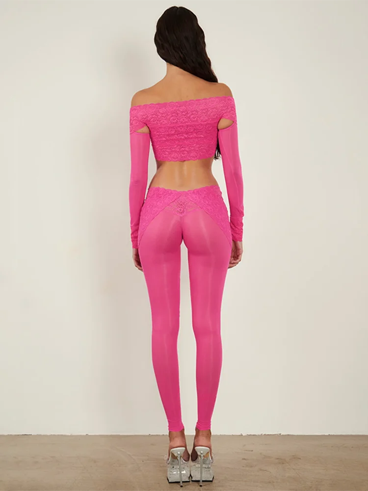 Sexy Hollow Women 2piece Set Lace Slash Neck Elegant Navel Top+Low Waist Legging Hipster Midnight Club Matching Suits