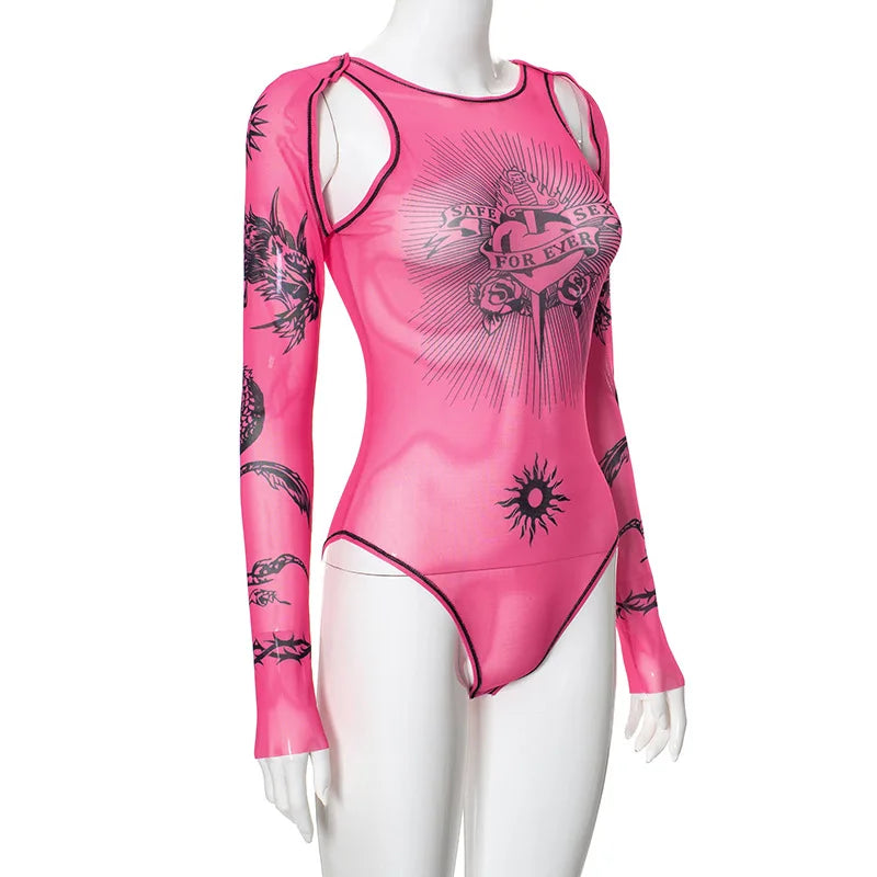 Pink Sheer Mesh Bodysuit Cut Out Long Sleeve Tops for Women Graphic T Shirts Seethrough One Piece Body Suit D85-BI10
