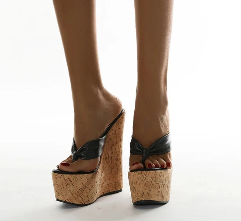 Summer Wedges Flip-flops Women's Shoes Fashion Classics PU Platform Head Peep Toe Thin High Heels Slippers Size 35-42