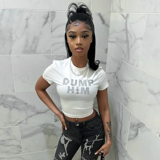 Letter Print Graphic Tee White Black Short Sleeve Crop Top Casual Fitted T Shirts Summer Clothes Women 2024 D85-AF10