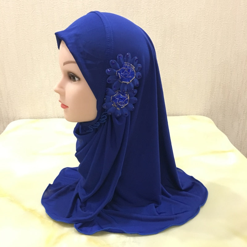 H081 beautiful small girl Al amira hijab with flowers fit 2-7 years old muslim kids pull on islamic scarf headscarf