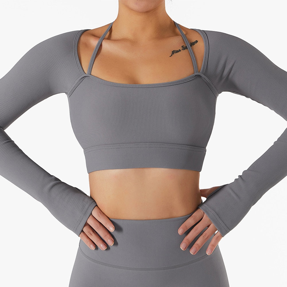 Seamless Women Yoga Set Workout Sportswear Gym Clothing Ribbed Fitness Long Sleeve Crop Top High Waist Leggings Sports Suits