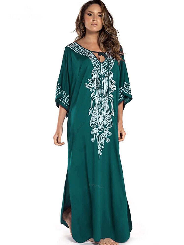 Indie Folk Lace Up V-Neck Batwing Sleeve Summer Beach Dress  Tunic Women Beachwear kaftan Maxi Dress Robe Sarong Q775