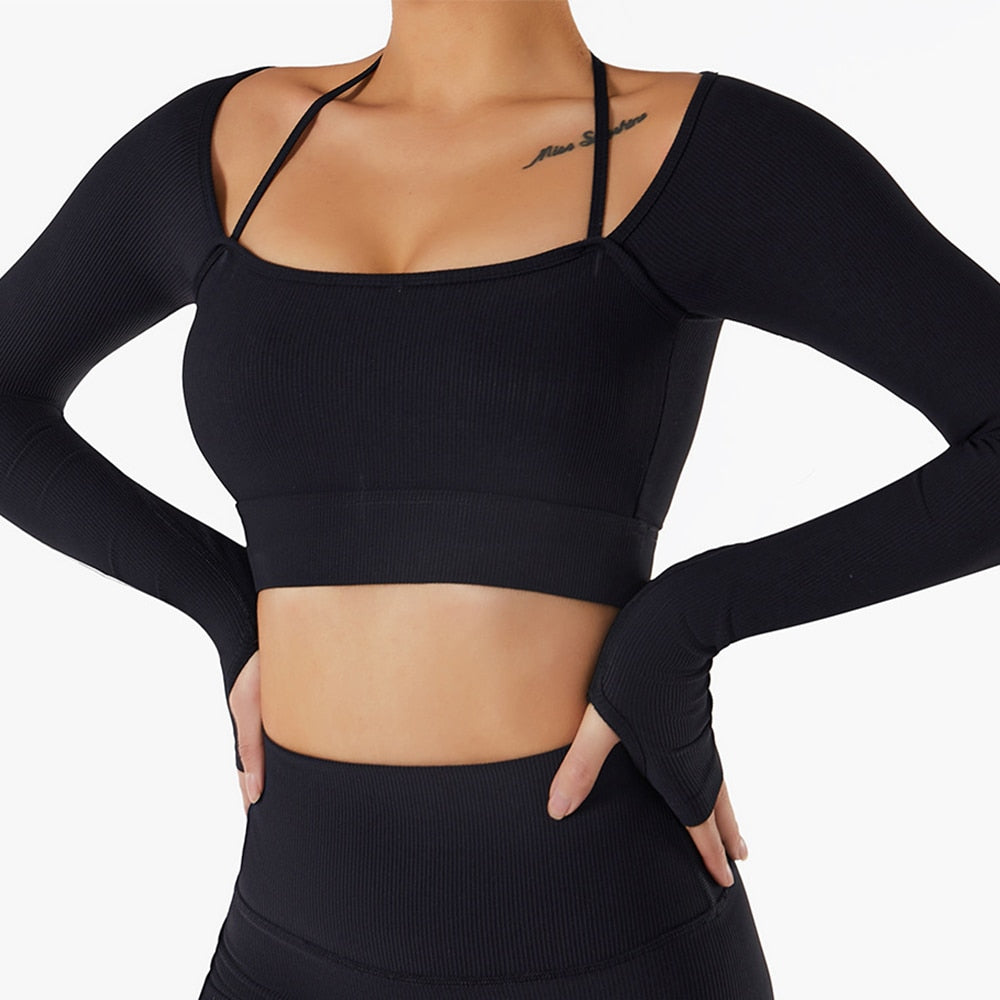Seamless Women Yoga Set Workout Sportswear Gym Clothing Ribbed Fitness Long Sleeve Crop Top High Waist Leggings Sports Suits