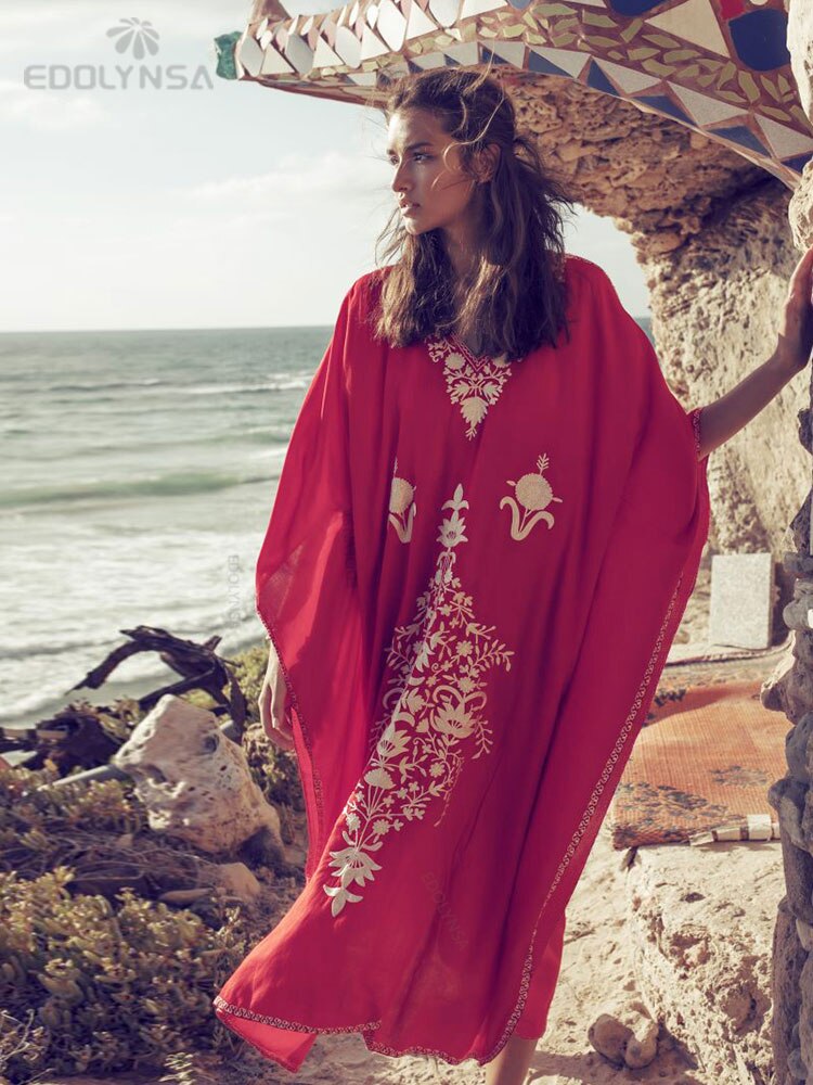 Indie Folk Lace Up V-Neck Batwing Sleeve Summer Beach Dress  Tunic Women Beachwear kaftan Maxi Dress Robe Sarong Q775