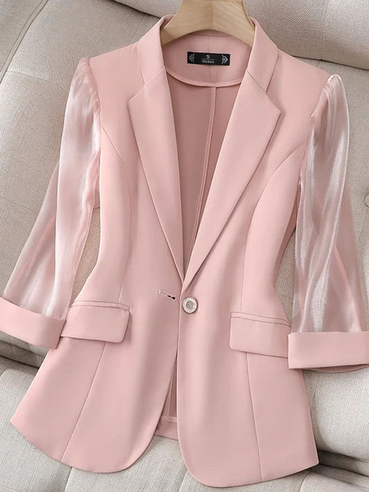 Thin Pink Suit Women New Korean Fashion Slim Three Quarter Sleeves Casual Jacket Lady Office Blazer