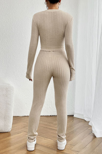 Ribbed V-Neck Long Sleeve Cropped Top and Pants Set