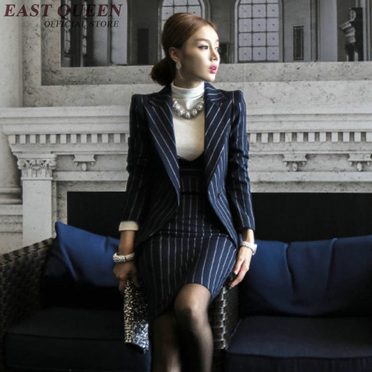 Blazer With Skirt Set Blue Striped Womens Business Suits