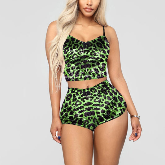 4 Colors Women Two Piece Sexy Suits Spaghetti Strap Crop Top and  Shorts Set Leopard