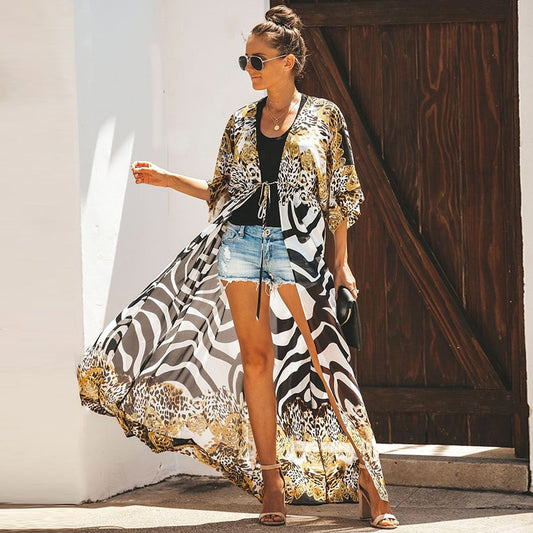 Chiffon Leopard print kimono bikini cover up women long blouse vintage loose boho
